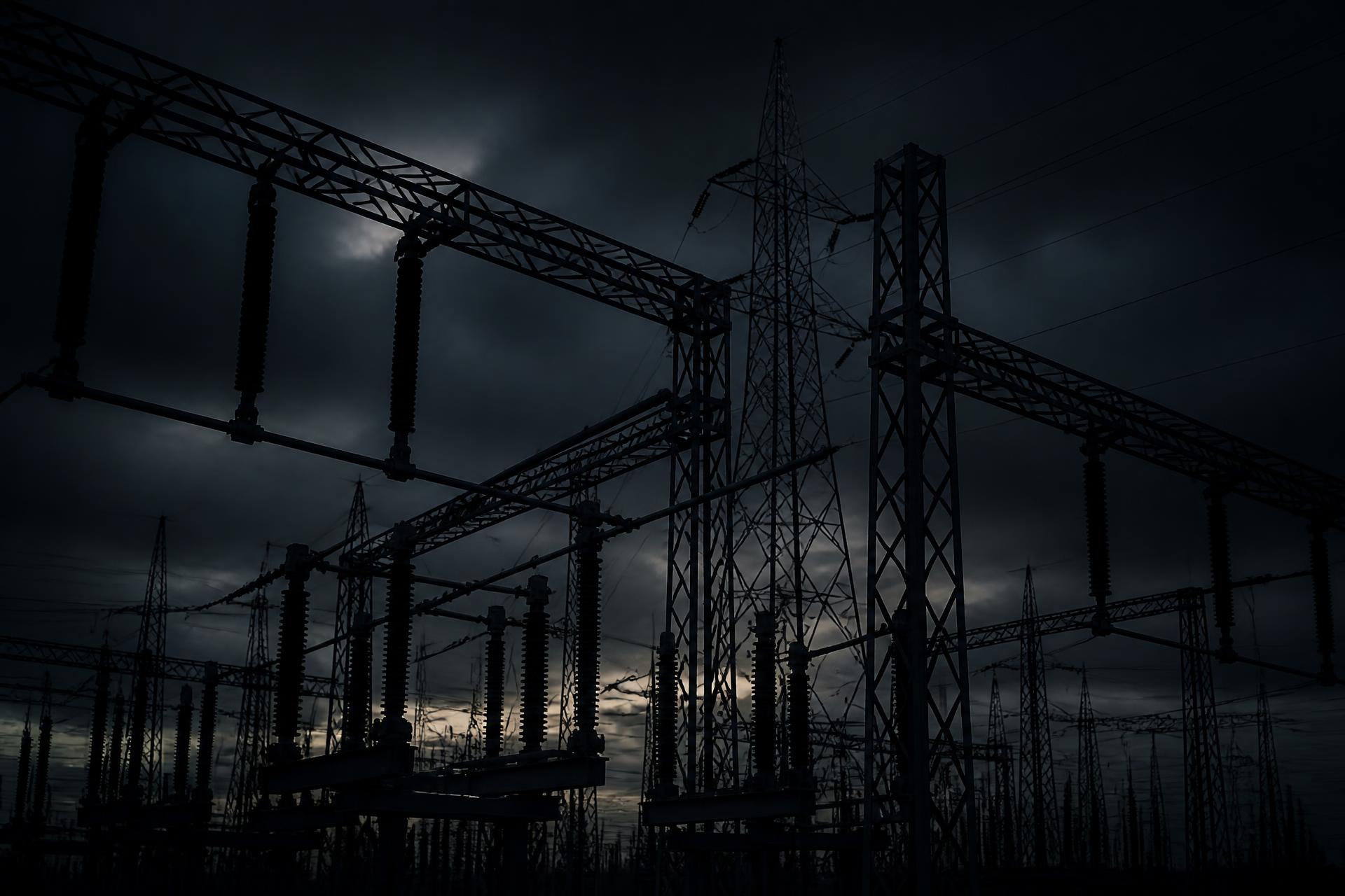 High-voltage substation bus structures and transmission towers at dusk